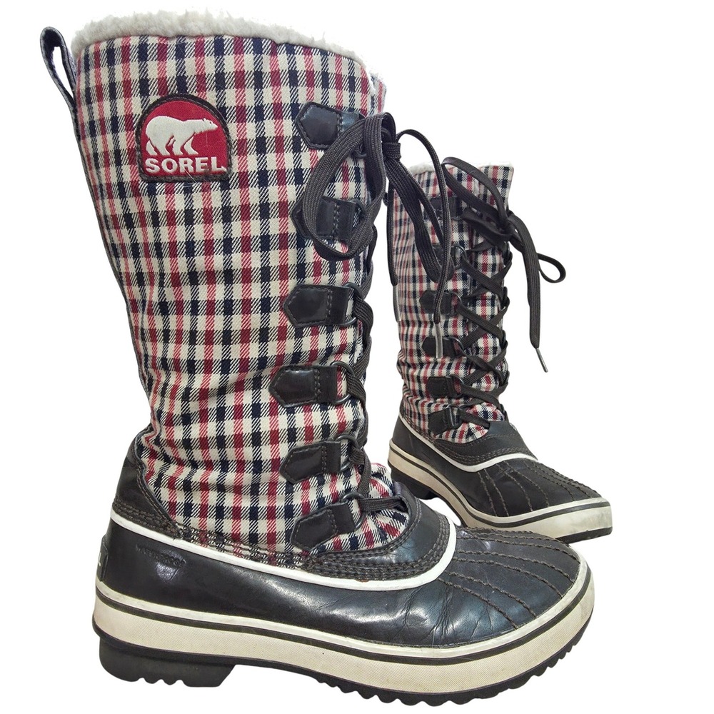 Sorel Tivoli Gingham Check Tall‎ Winter Boot Womens Sz 6.5 Preppy Old Money